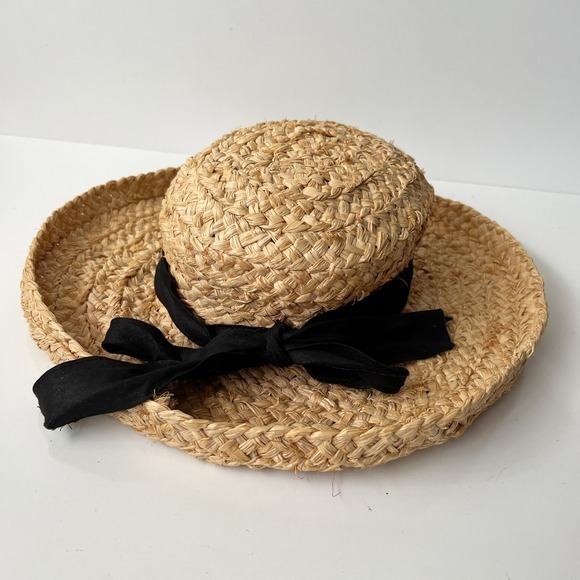 Straw 100% Rafia Straw Summer Woven Hat Black Bow Accent - Picture 4 of 8